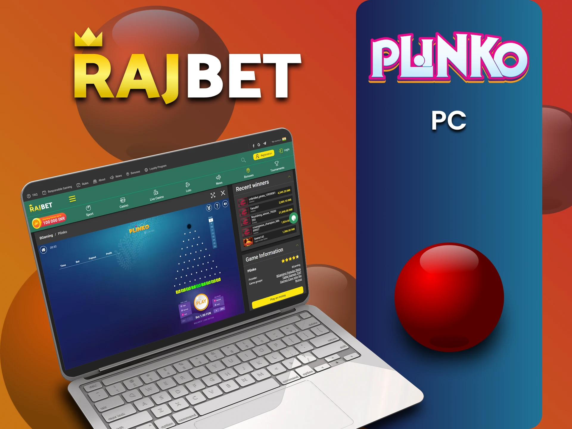 अपने पीसी पर Rajbet पर Plinko खेलें।