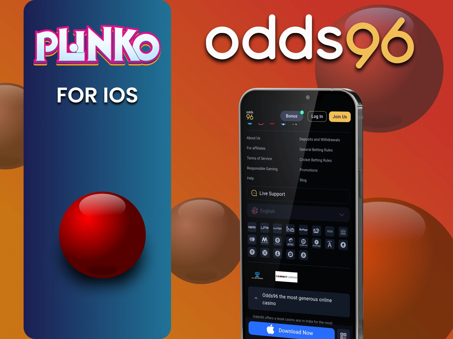Plinko खेलने के लिए iOS के लिए odds96 ऐप डाउनलोड करें।