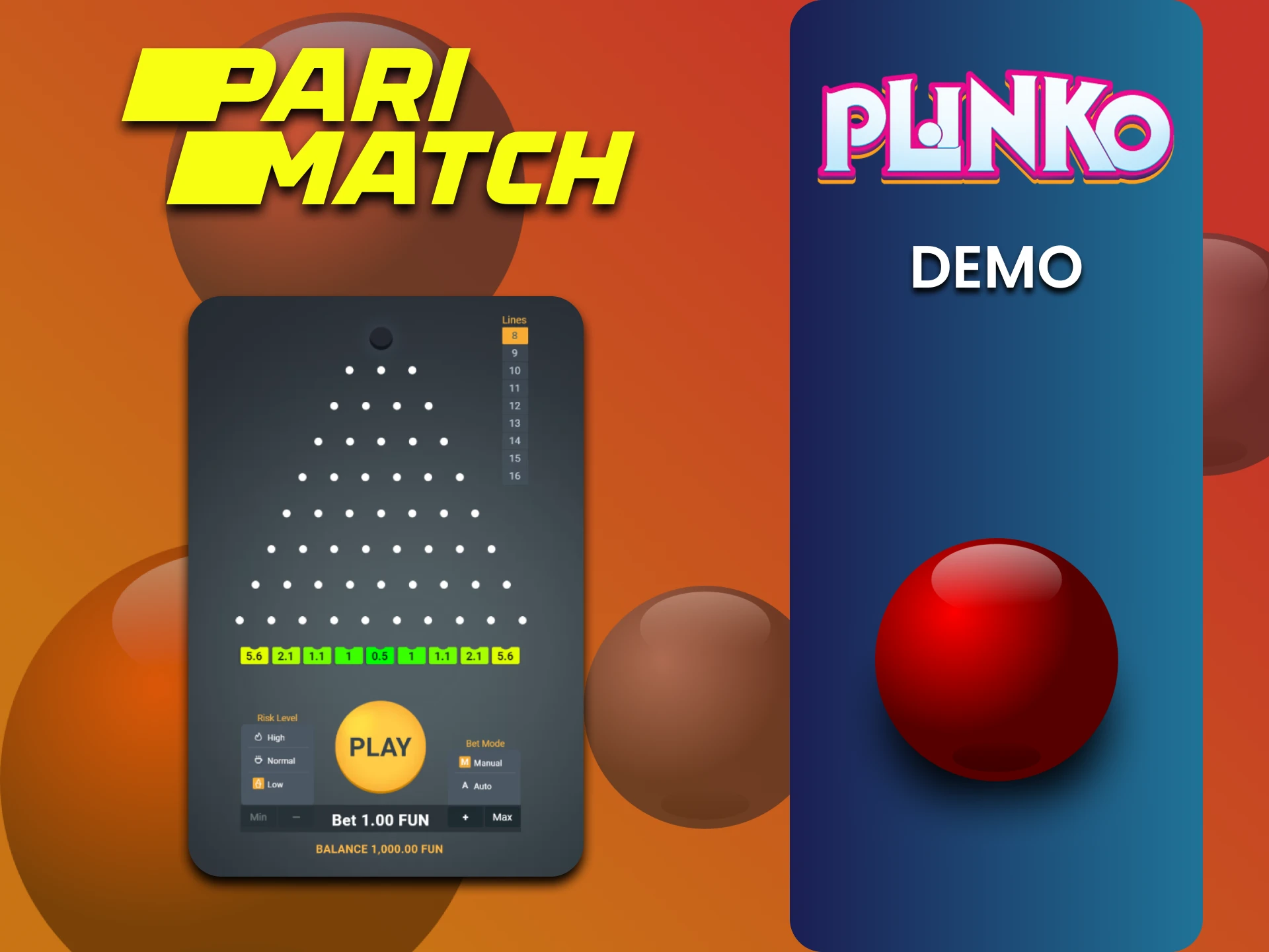 Parimatch पर प्रशिक्षण के लिए Plinko गेम का डेमो संस्करण चुनें।