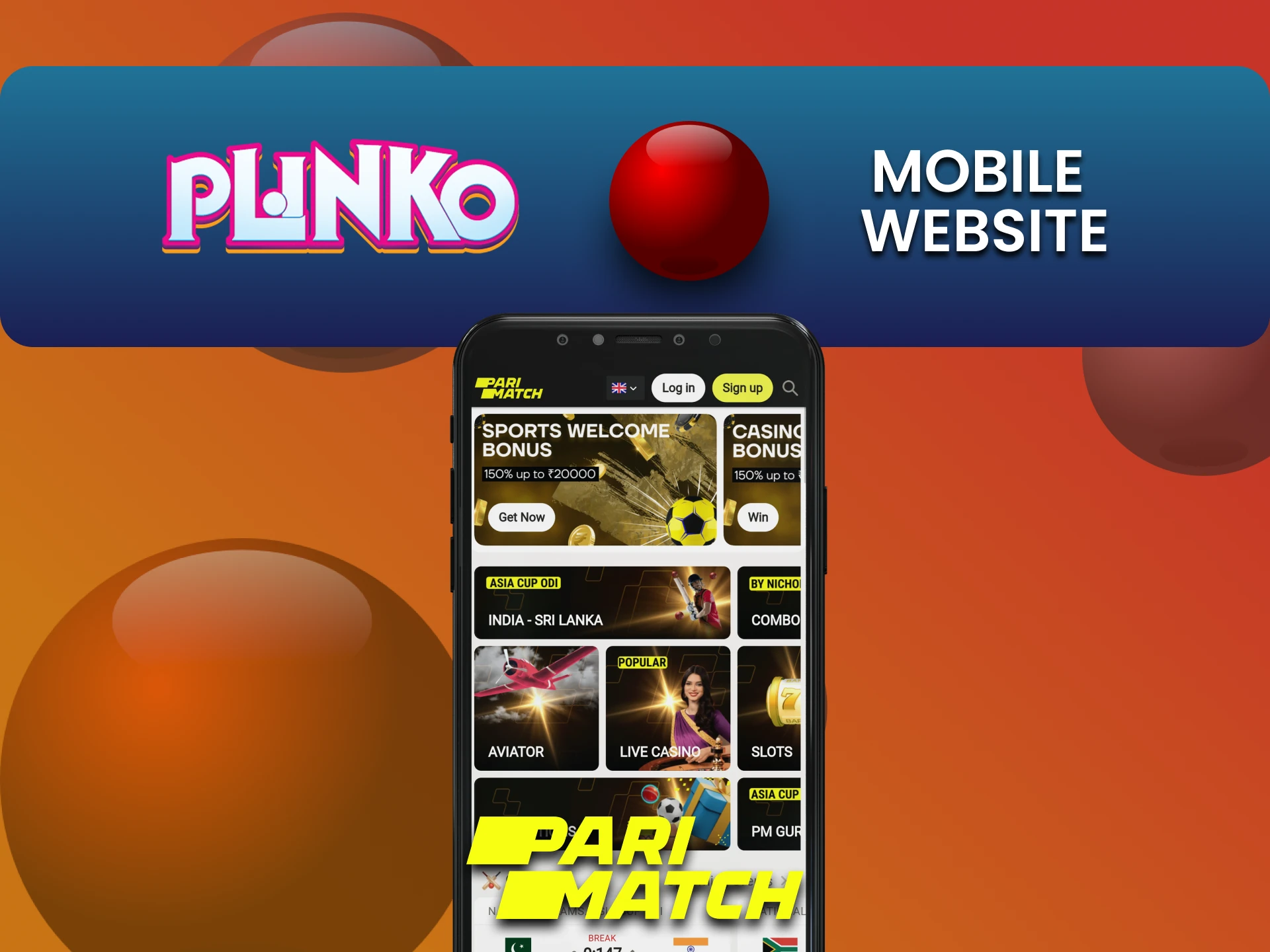 Plinko खेलने के लिए Parimatch वेबसाइट के मोबाइल संस्करण पर जाएं।