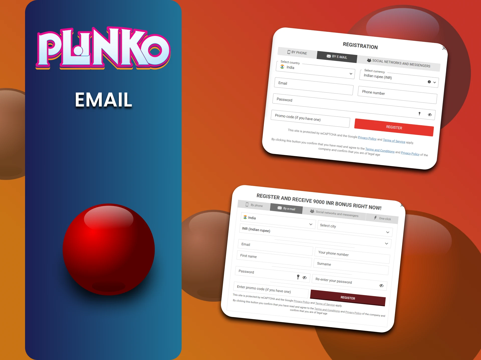 Plinko खेलने के लिए ईमेल द्वारा पंजीकरण विधि चुनें।