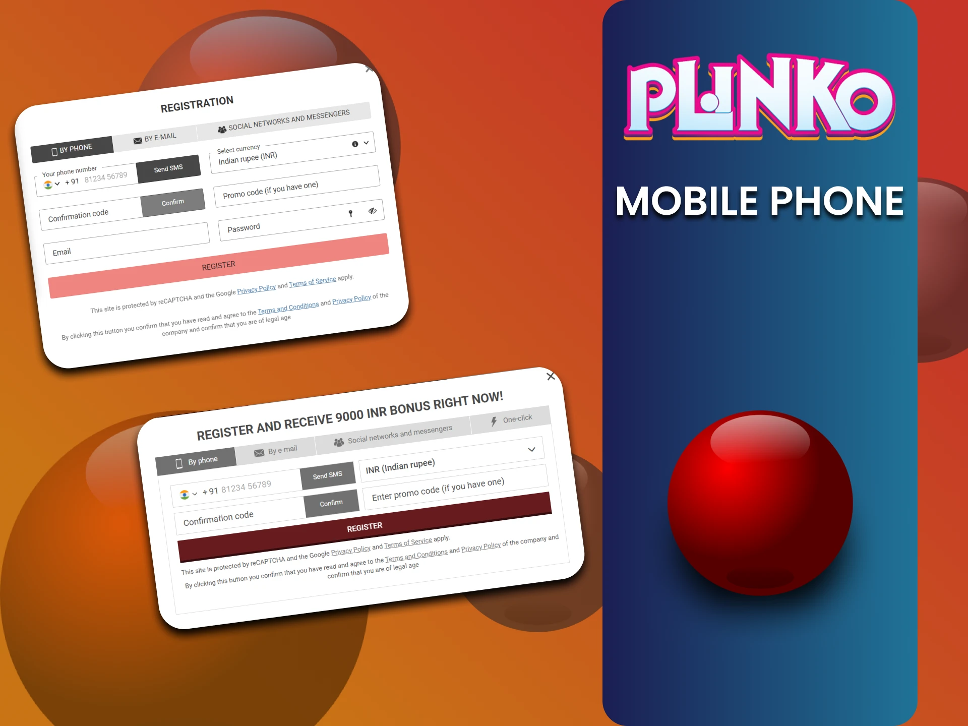 Plinko खेलने के लिए मोबाइल फोन द्वारा पंजीकरण विधि चुनें।