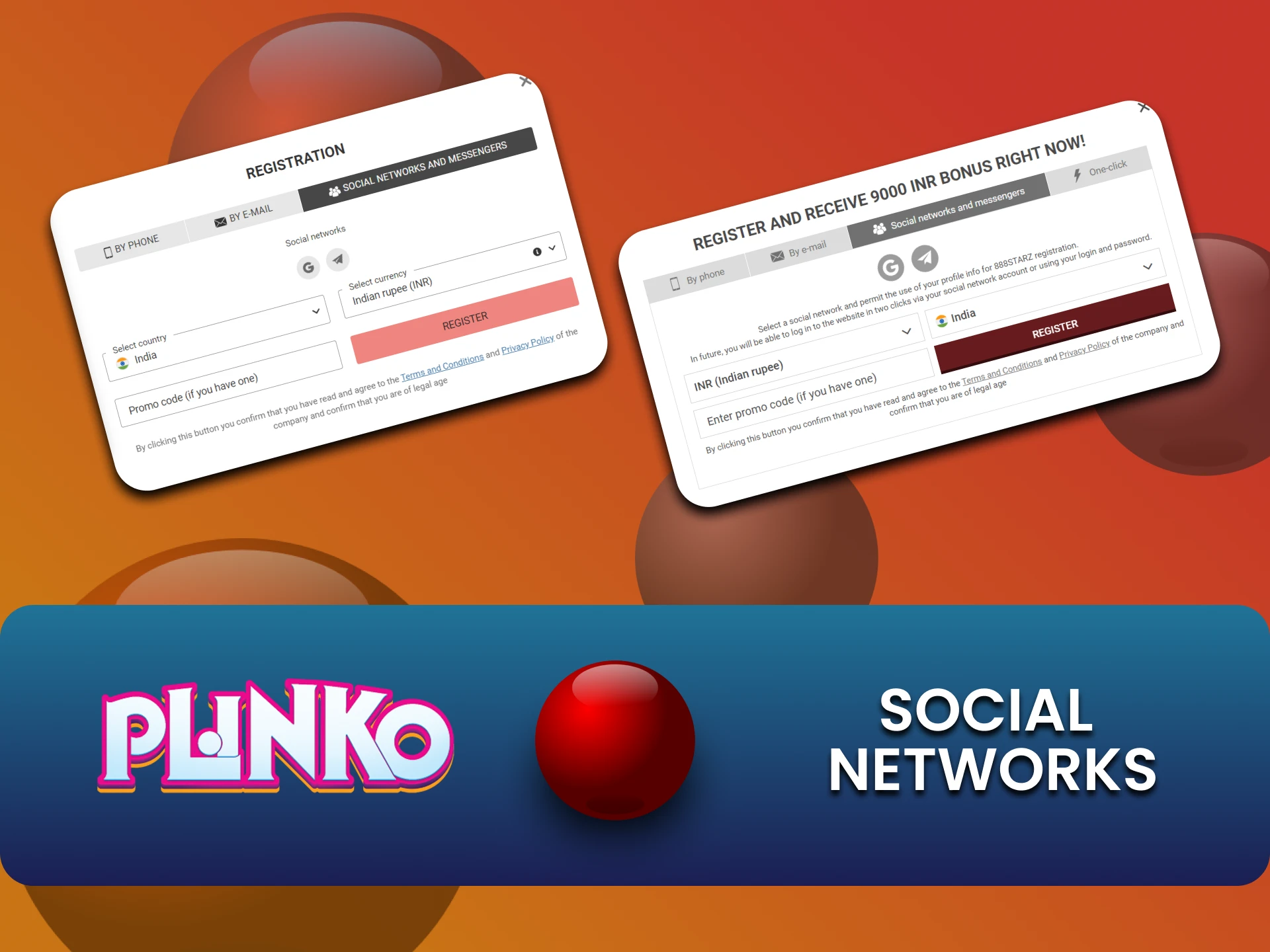 Plinko खेलने के लिए सोशल नेटवर्क द्वारा पंजीकरण विधि चुनें।