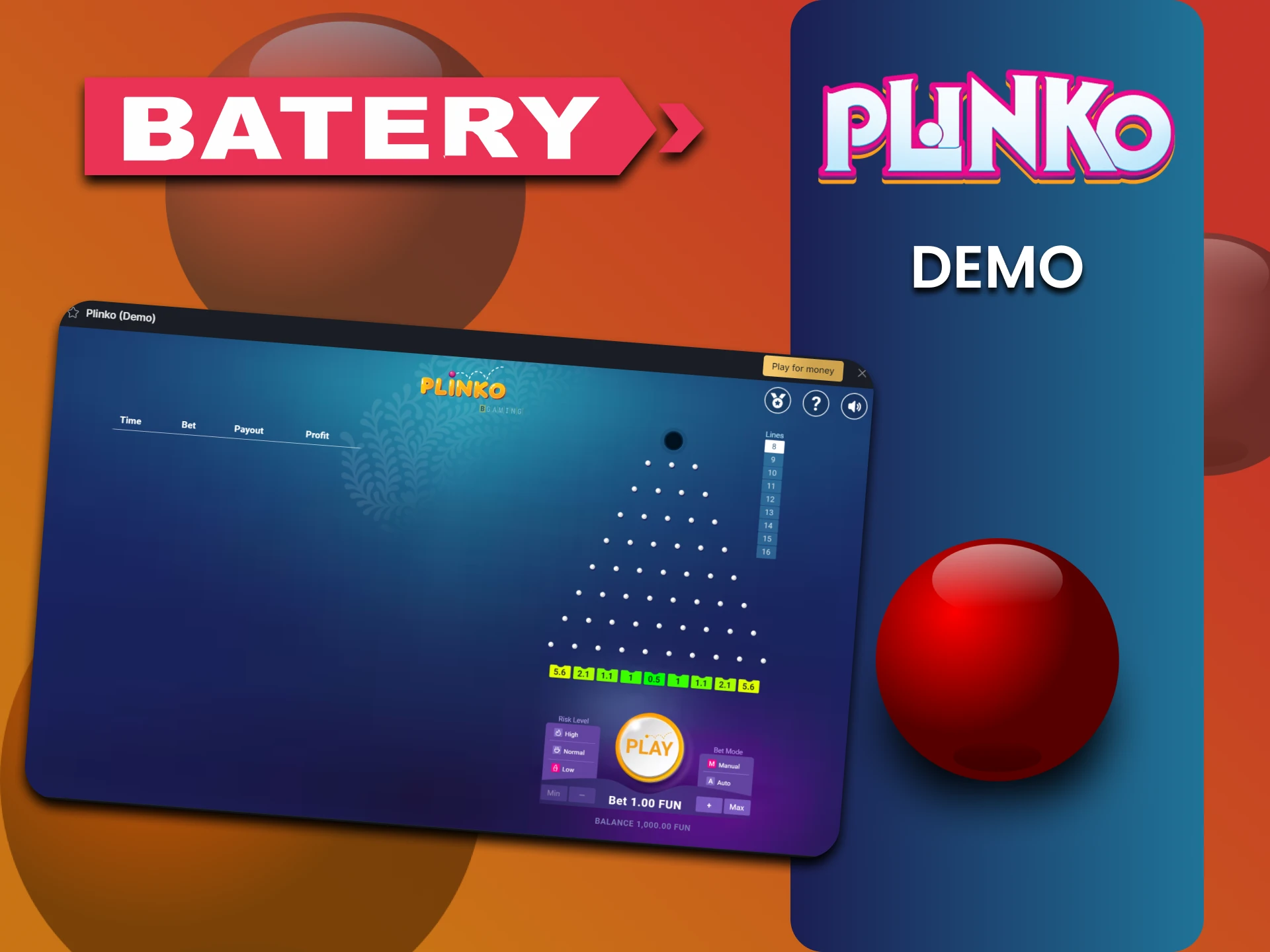 Batery वेबसाइट पर Plinko गेम का डेमो संस्करण आज़माएं।