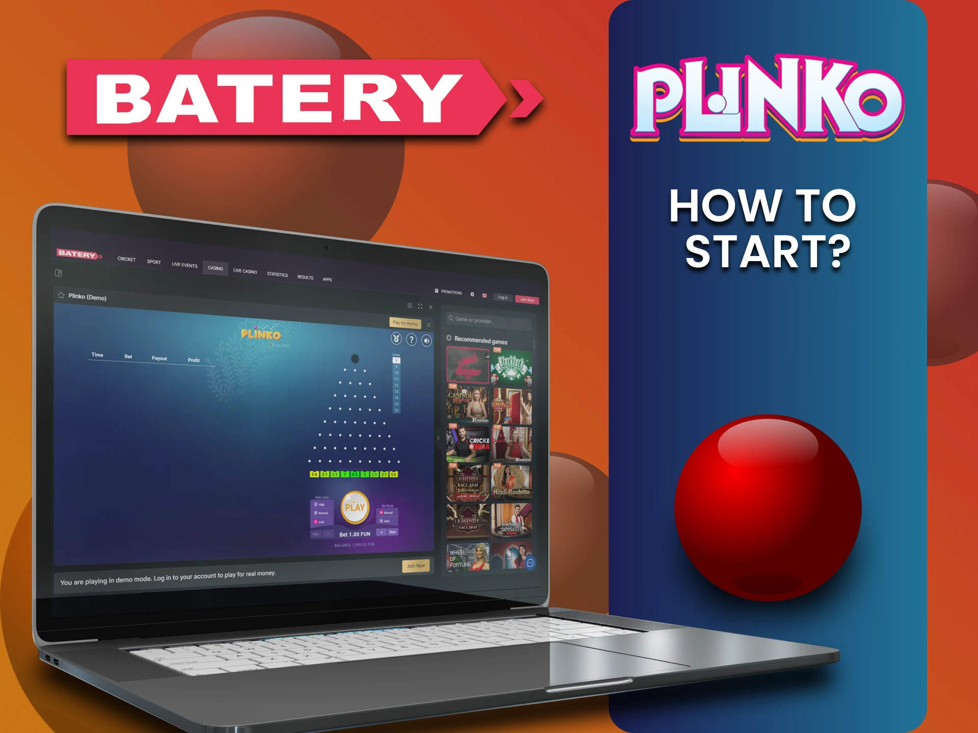 Batery पर Plinko खेलने के लिए गेम्स सेक्शन में जाएं।
