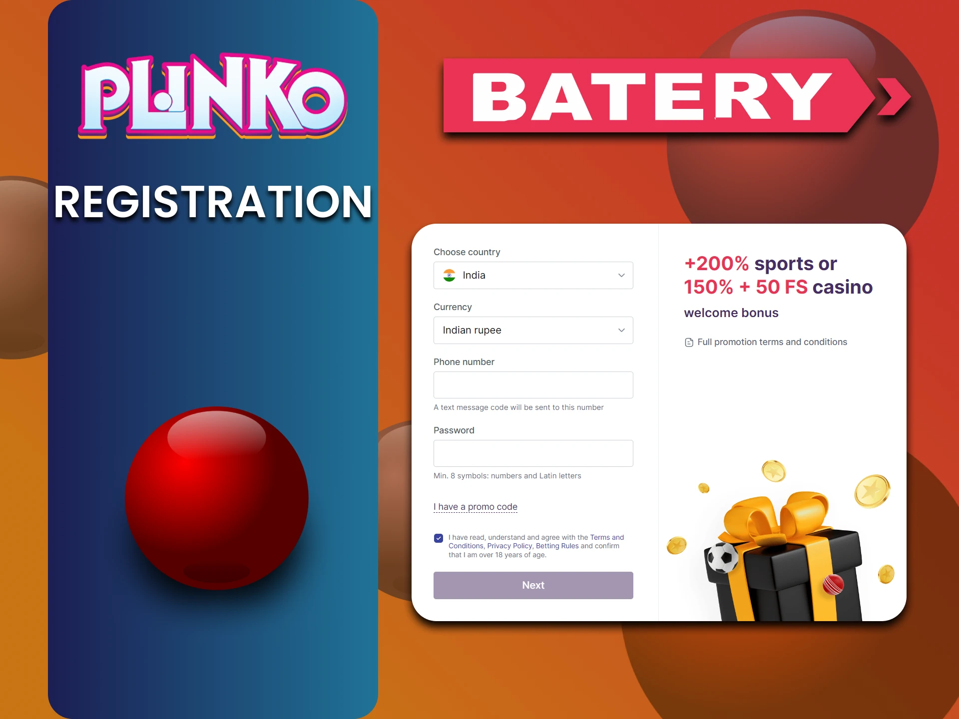 Batery पर एक खाता बनाएं और Plinko खेलें।