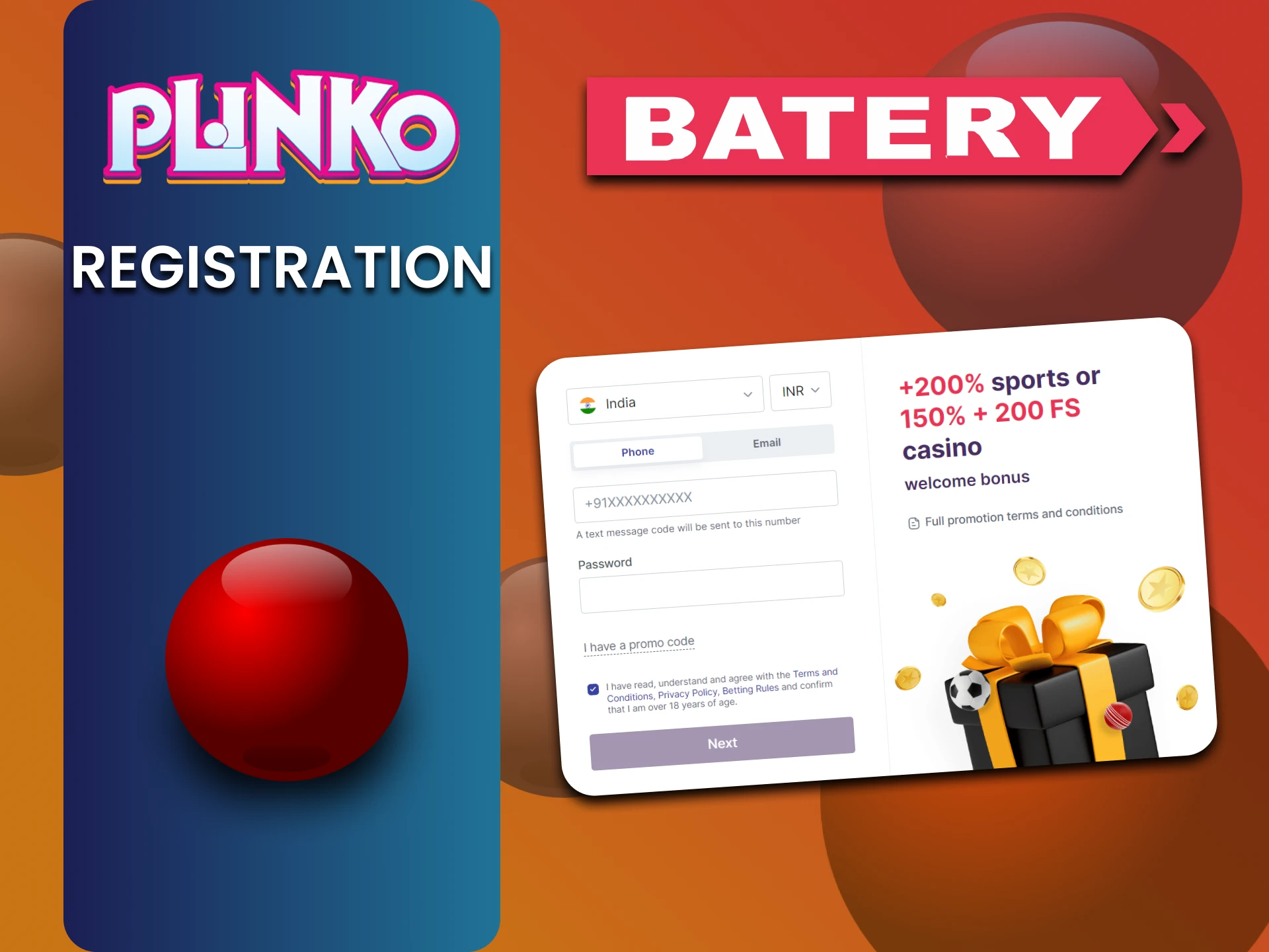 Batery पर पंजीकरण करें और ऑनलाइन Plinko गेम खेलना शुरू करें।