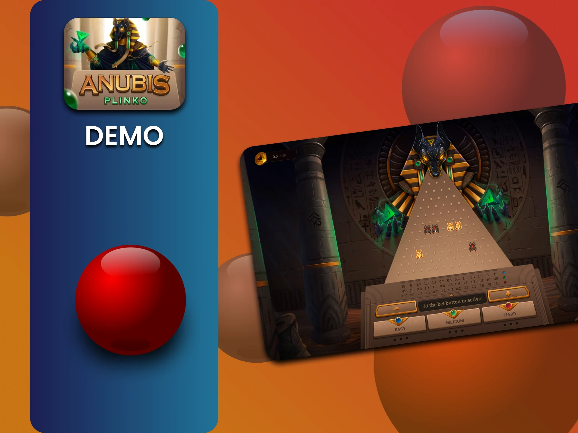 Plinko Anubis गेम का डेमो संस्करण प्रशिक्षण के लिए।