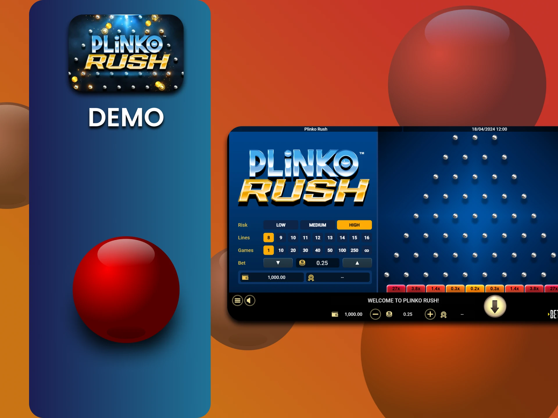 प्रशिक्षण के लिए Plinko Rush गेम का डेमो संस्करण उपलब्ध है।