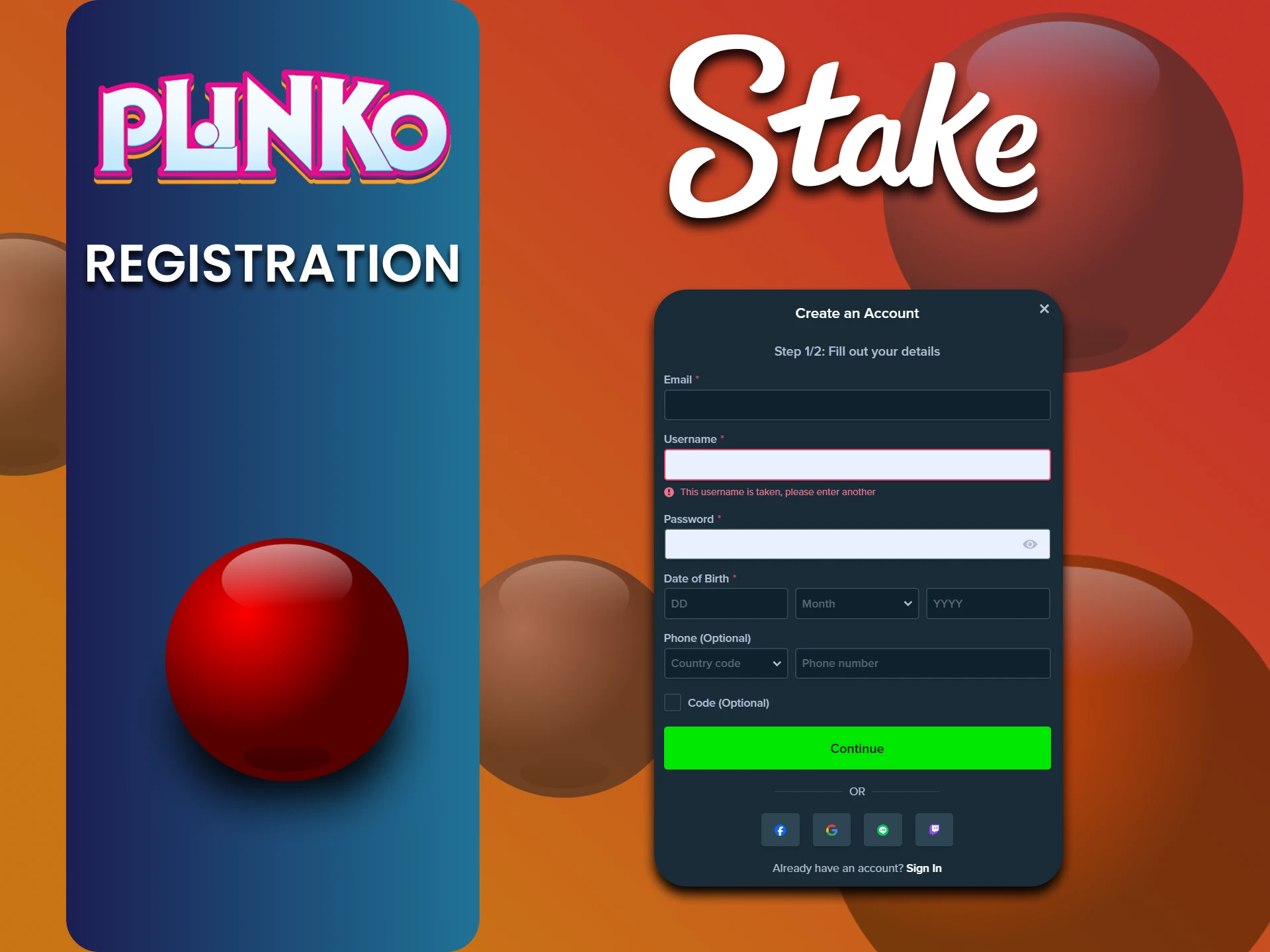 Plinko खेलने के लिए Stake वेबसाइट पर रजिस्टर करें।