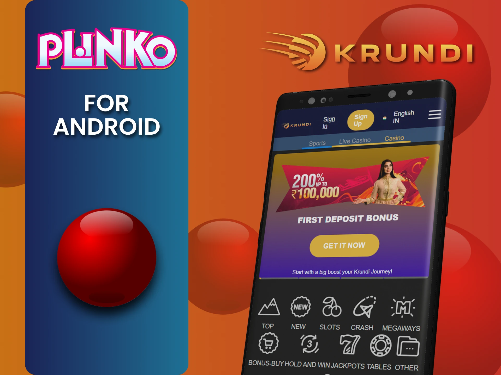 Plinko खेलने के लिए Android पर Krundi ऐप डाउनलोड करें।
