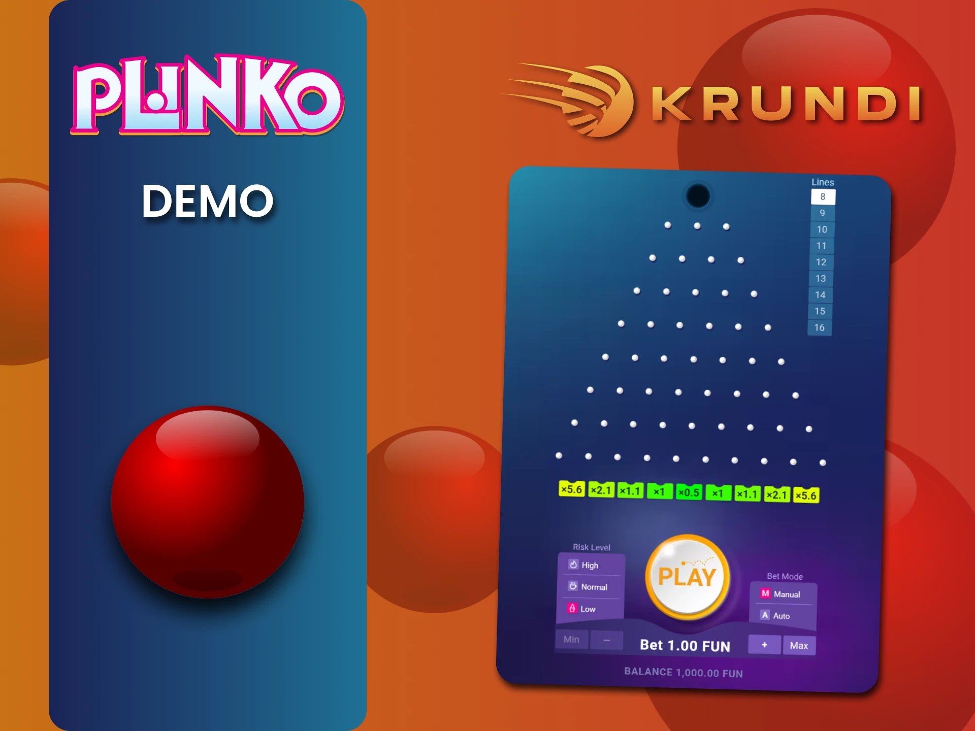 Krundi कैसीनो में डेमो संस्करण खेलकर Plinko में अपनी किस्मत आज़माएं।