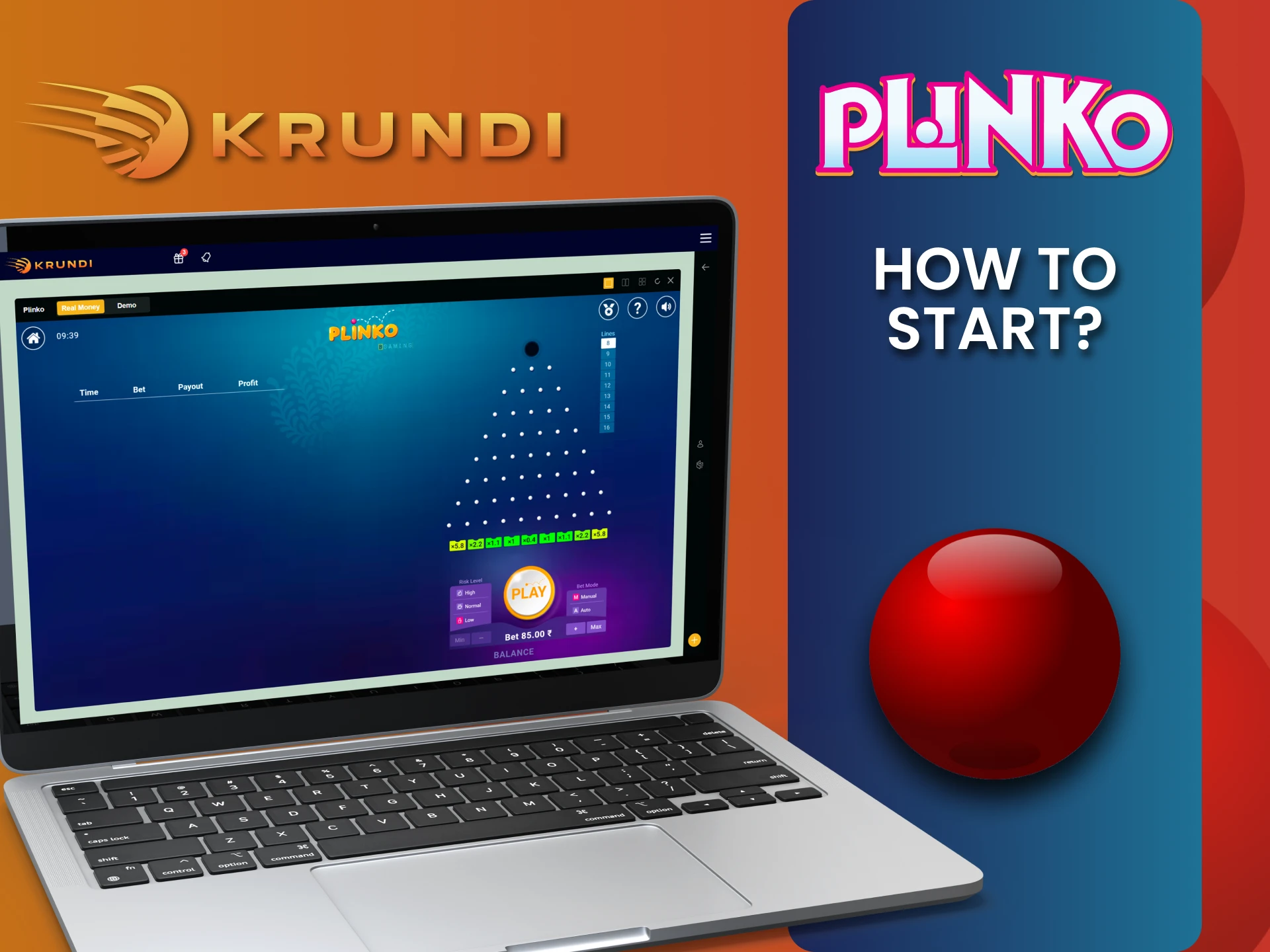 Krundi में Plinko खेलना शुरू करने के लिए इन चरणों का पालन करें।