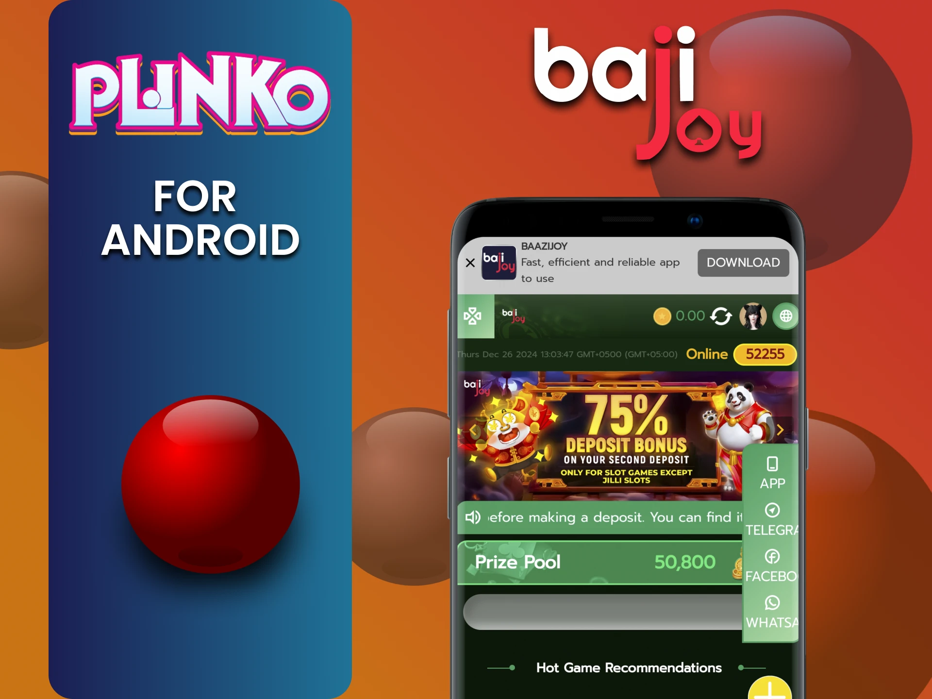 Plinko खेलने के लिए Android पर Bajijoy ऐप इंस्टॉल करें।