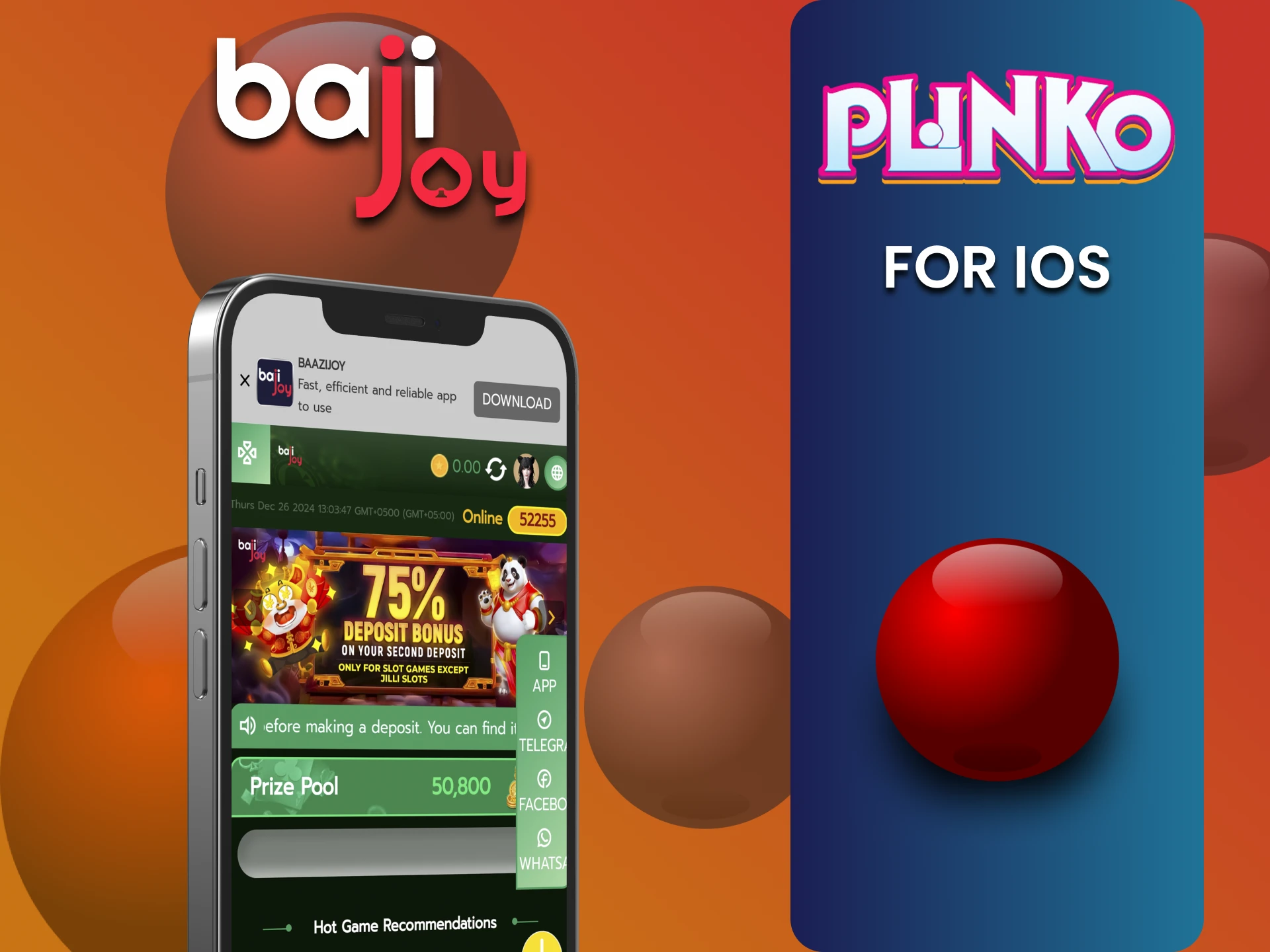 Plinko खेलने के लिए iOS पर Bajijoy ऐप इंस्टॉल करें।