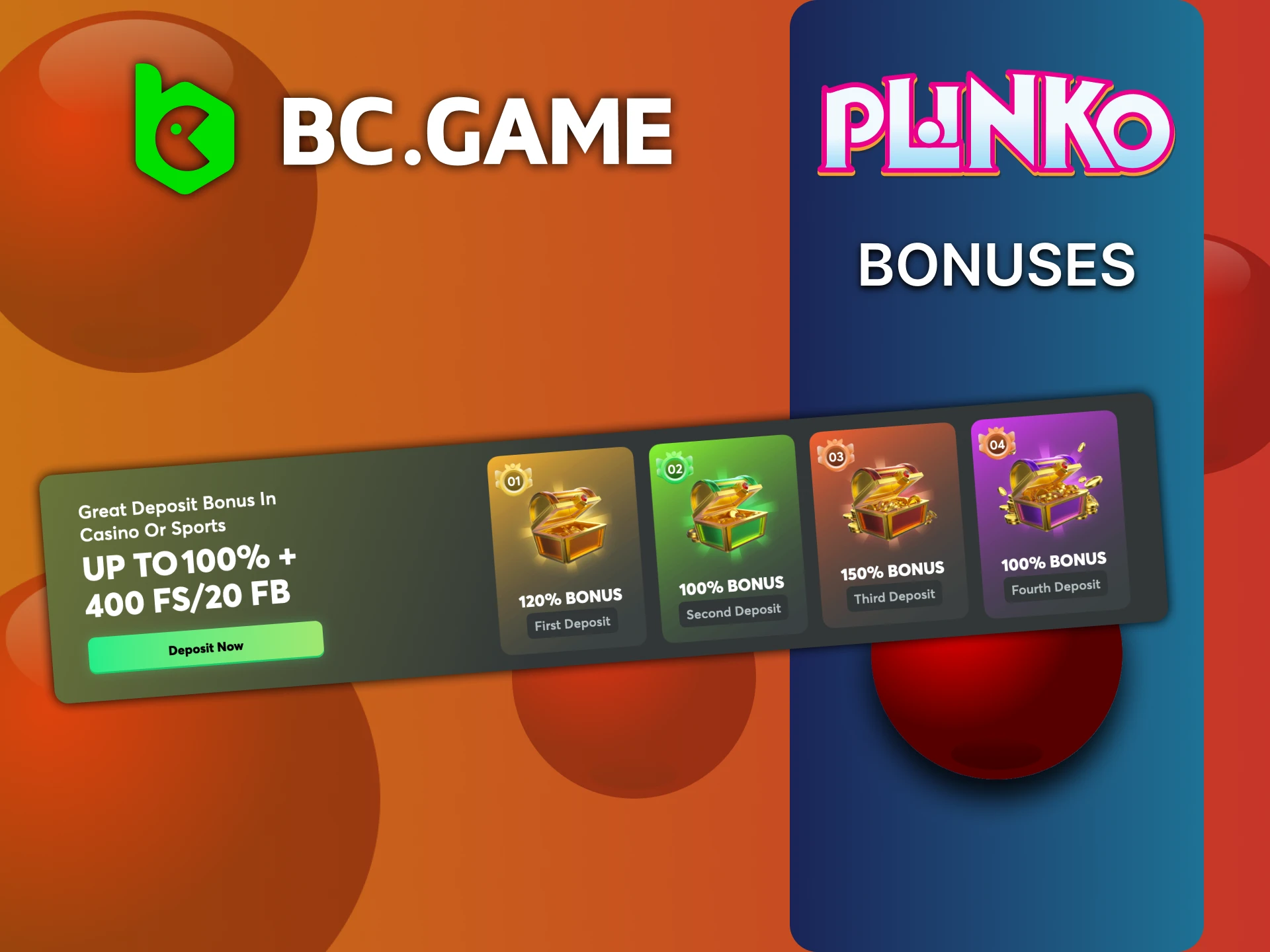 BC Game Plinko पहले चार डिपॉजिट पर स्वागत बोनस देता है।