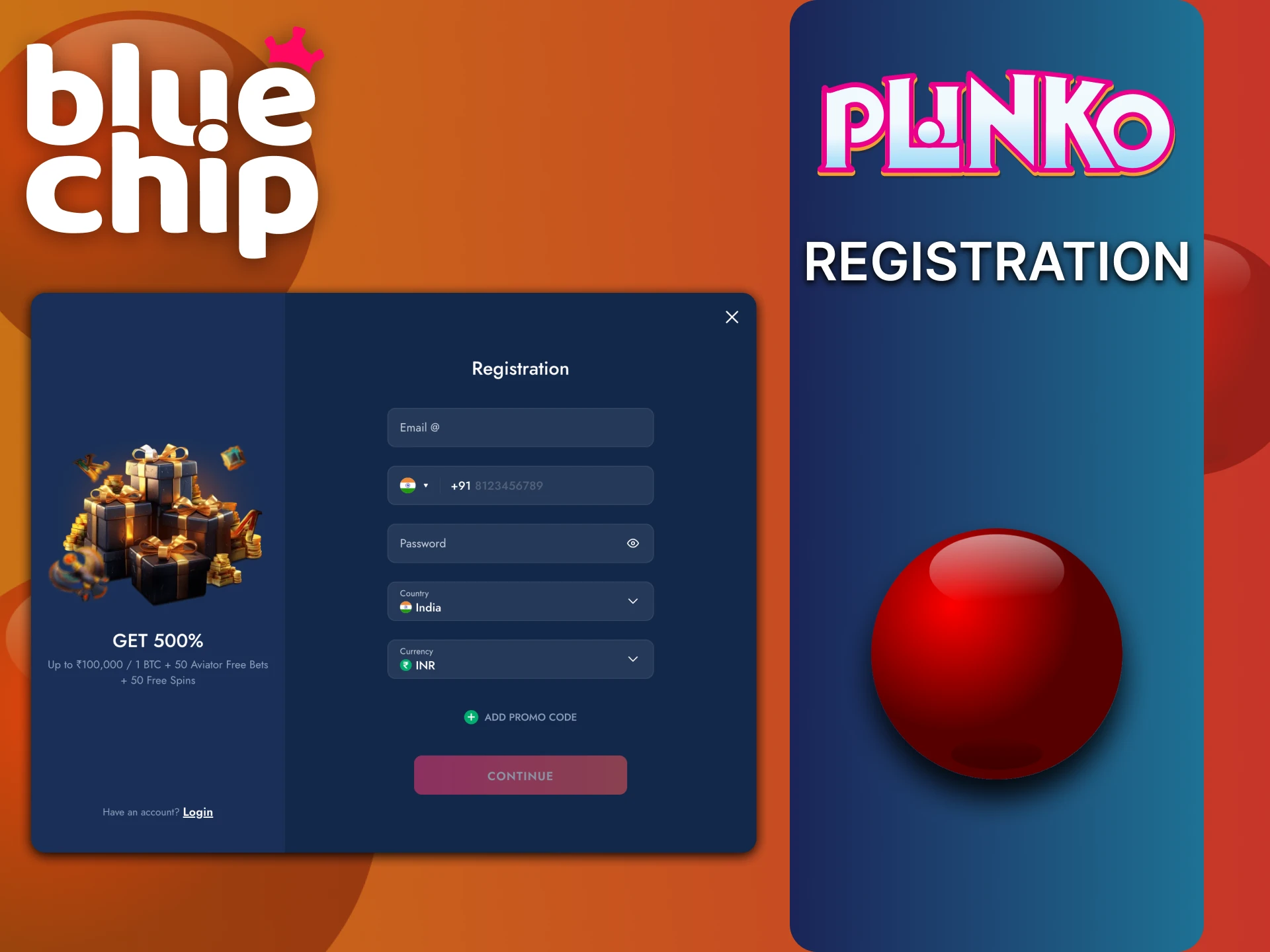 Bluechip Casino पर पंजीकरण करें और Plinko खेलना शुरू करें।
