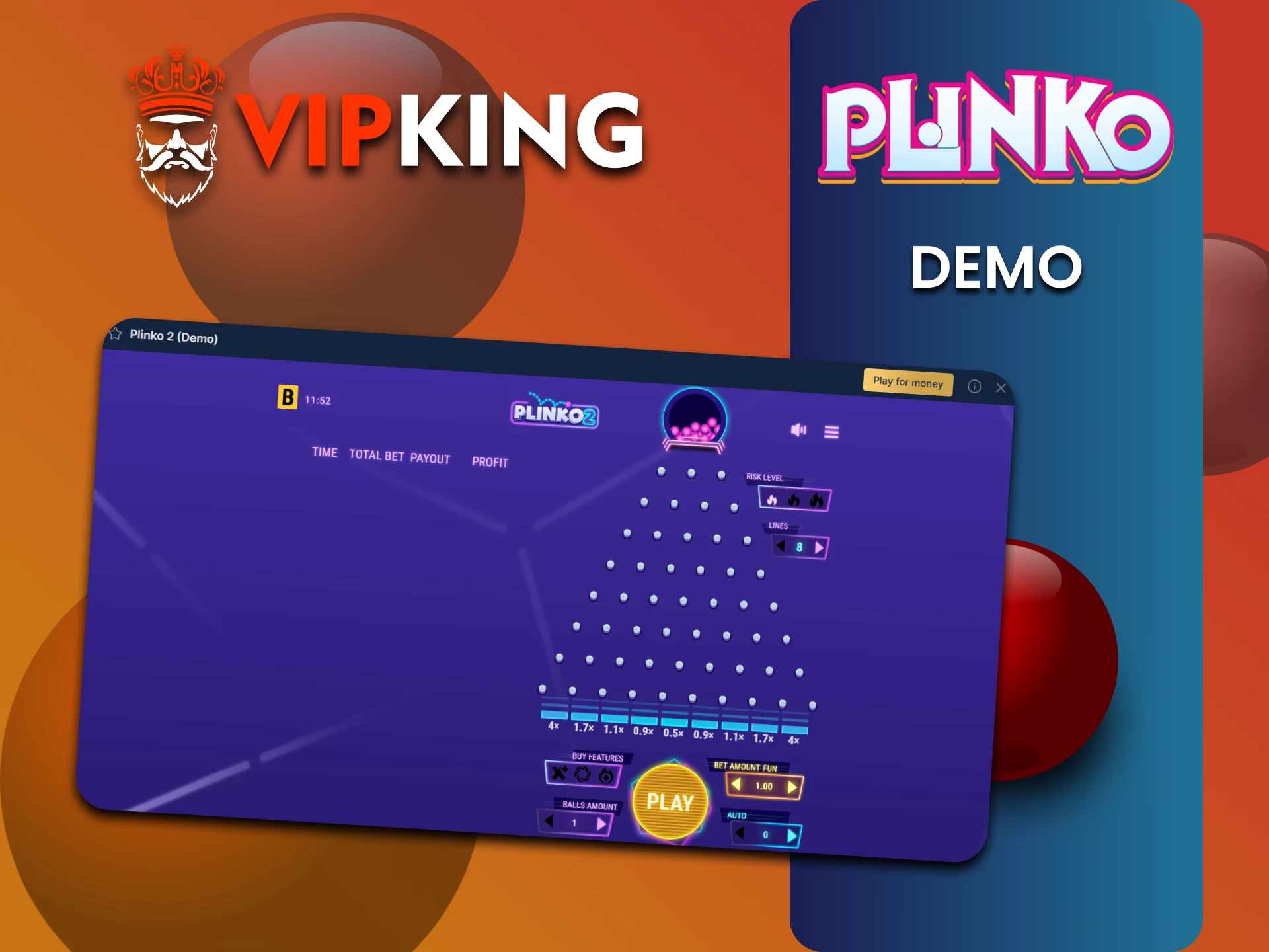 VipKing पर Plinko गेम के डेमो संस्करण में अभ्यास करें।