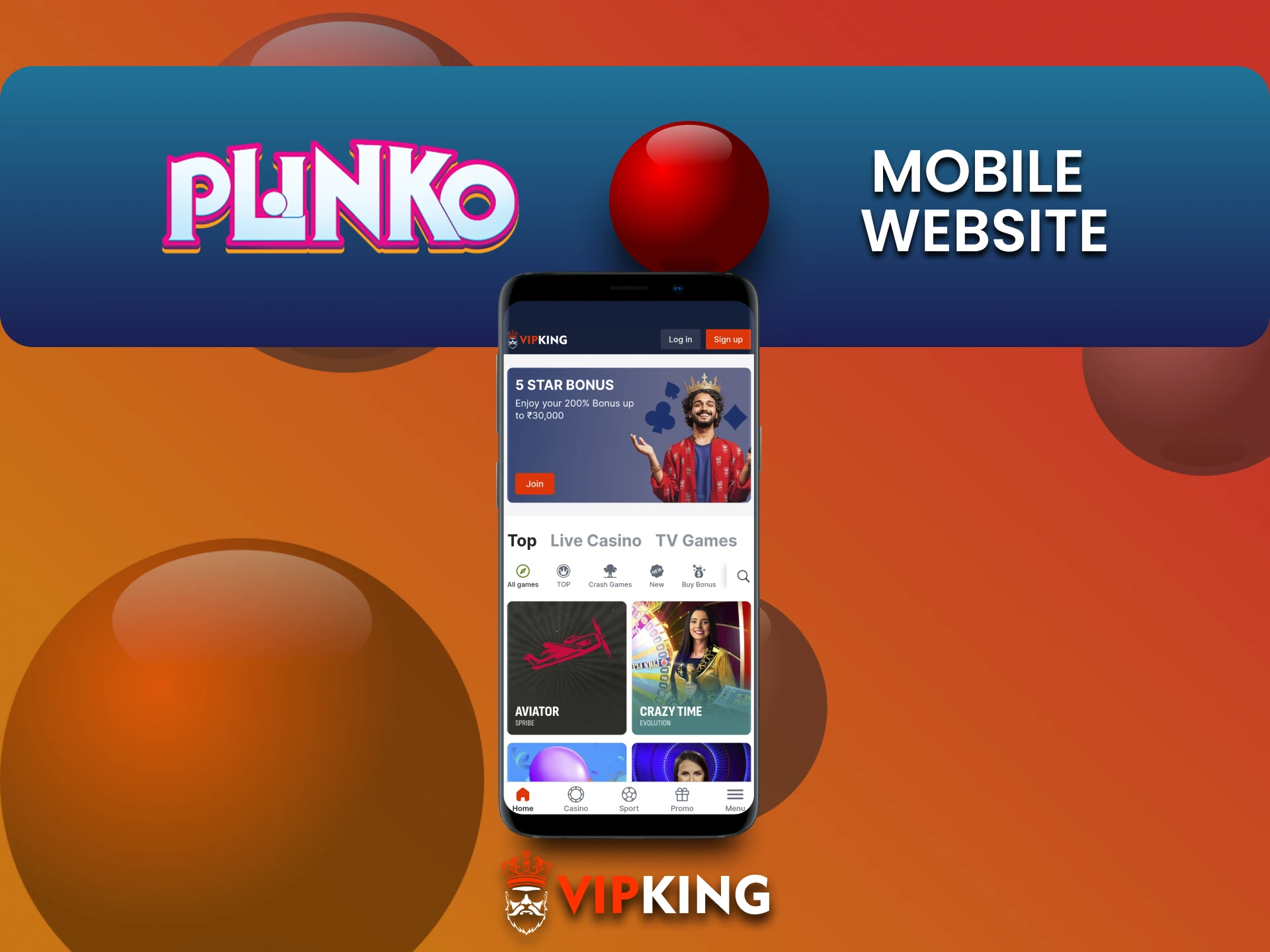 Plinko खेलने के लिए VipKing वेबसाइट के मोबाइल संस्करण पर जाएं।